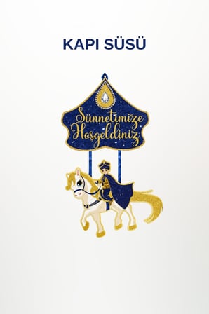 Sünnetimize Hoş Geldiniz Kapı Süsü – Atlı Şehzade Temalı Lacivert Gold Sünnet Kapı Süsü Hastane ve Ev Dekoru