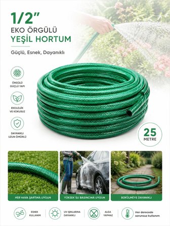 Beylini 1/2" 25 Metre Örgülü Bahçe Hortumu Balkon Bahçe Sulama Temizlik Araç Yıkama Su Hortumu Dolanmaz Kırılmaz Yeşil