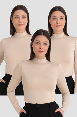 Premium Esnek Kazak Günlük Giysi Düz Renk Kadın Ten Balıkçı Yaka Uzun Kollu Body 3 Adet