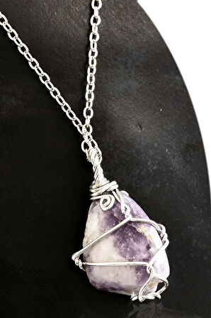 Sertifikalı Ham Tel Sargılı Lepidolit Taşı Kolye (Peygamber Taşı)