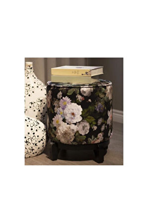 Siyah Çiçek Ahşap Ayaklı Puf (Kumaşı Süettir. Uluslararası Solmama Sertifikasına Sahiptir.)