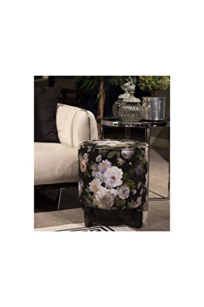 Siyah Çiçek Ahşap Ayaklı Puf (Kumaşı Süettir. Uluslararası Solmama Sertifikasına Sahiptir.)