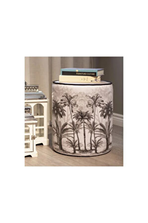 Siyah Palmiye Desenli Puf (Kumaşı Süettir. Uluslararası Solmama Sertifikasına Sahiptir.)