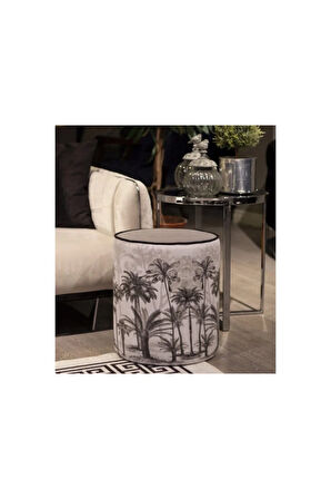 Siyah Palmiye Desenli Puf (Kumaşı Süettir. Uluslararası Solmama Sertifikasına Sahiptir.)