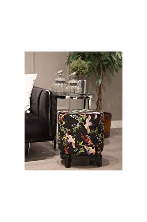 Sarı Kuş Detay Ahşap Ayaklı Puf (Kumaşı Süettir. Uluslararası Solmama Sertifikasına Sahiptir.)