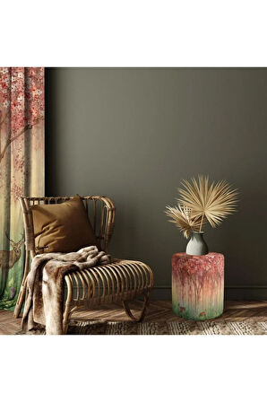 Red Mini Flowers And Gazels Puf (Kumaşı Süettir. Uluslararası Solmama Sertifikasına Sahiptir.)