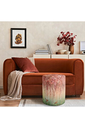 Red Mini Flowers And Gazels Puf (Kumaşı Süettir. Uluslararası Solmama Sertifikasına Sahiptir.)