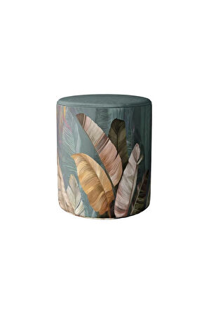 Tropikal Yaprak Tasarımlı Puf (Kumaşı Süettir. Uluslararası Solmama Sertifikasına Sahiptir.)