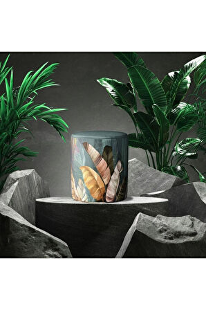 Tropikal Yaprak Tasarımlı Puf (Kumaşı Süettir. Uluslararası Solmama Sertifikasına Sahiptir.)