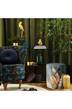 Tropikal Yaprak Tasarımlı Puf (Kumaşı Süettir. Uluslararası Solmama Sertifikasına Sahiptir.)