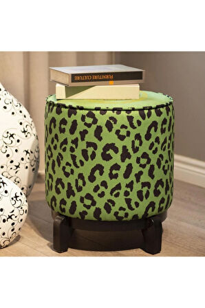 Yeşil Büst Detaylı Ahşap Ayaklı Puf (Kumaşı Süettir. Uluslararası Solmama Sertifikasına Sahiptir.)