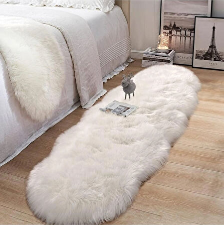 Puffin Kuzu Post Peluş Premium Yumuşacık Tüylü Halı Beyaz Çift Kafa