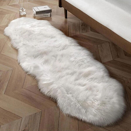 Puffin Kuzu Post Peluş Premium Yumuşacık Tüylü Halı Beyaz Çift Kafa