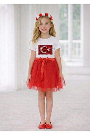 Kız Çocuk Ayyıldız Pullu Bayrak Desenli Gösteri Takımı 23 Nisan Ve Özel Bayramlar