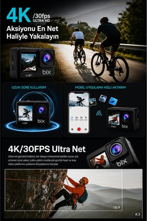 4K Ultra HD Çift Ekranlı Aksiyon Kamerası Wi-Fi 20MP Sony Sensörlü Motosiklet Kask Bisiklet Seti