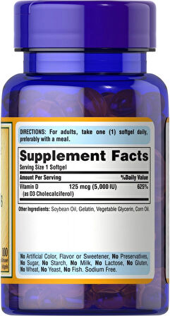 Puritan's Pride Vitamin D3 125 mcg (5000 IU), 100 Softgels