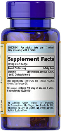 Puritan's Pride Vitamin D3 250 mcg (10000 IU), 200 Softgels
