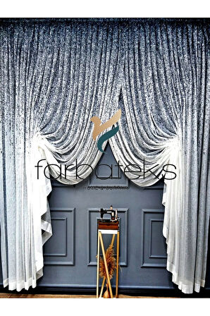 Üst Renkli Lacivert Serpinti Tiyatro Kruvaze Tül Perde