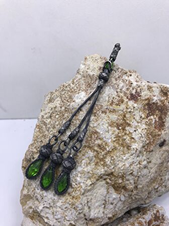 Yeşil Kristal Taşlı Oksitli Gümüş Üçlü Tesbih Püskülü