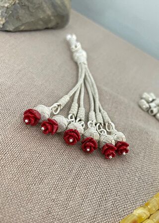 Gümüş Kazaziye El Örgüsü Gül Detaylı Altı Sallantılı Tesbih Püskülü
