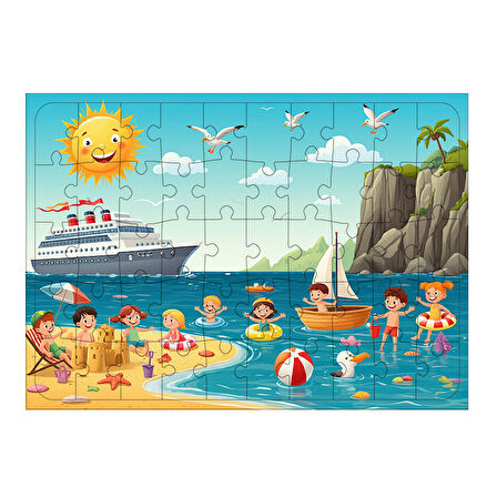 Ahşap Mdf Puzzle Yapboz Plajda Eğlence Ve Oyun 50 Parça 35*50 cm