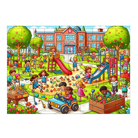 Ahşap Mdf Puzzle Yapboz Eğlenceli Okul Bahçesi 50 Parça 35*50 cm
