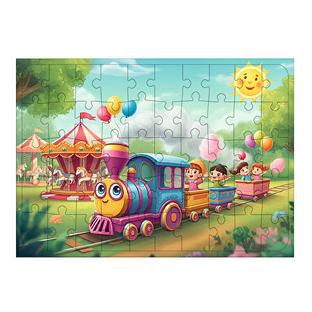 Ahşap Mdf Puzzle Yapboz Renkli Tren Yolculuğu 50 Parça 35*50 cm