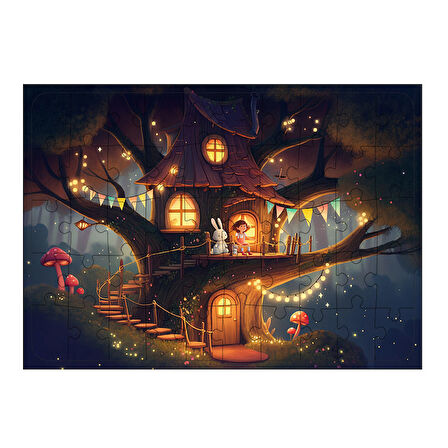 Ahşap Mdf Puzzle Yapboz Büyülü Ağaç Ev 50 Parça 35*50 cm