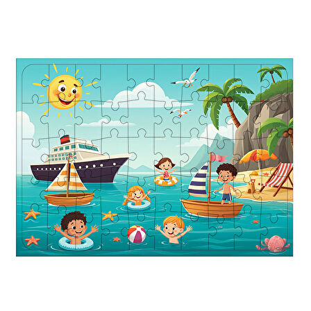 Ahşap Mdf Puzzle Yapboz Denizde Eğlence Partisi 50 Parça 35*50 cm