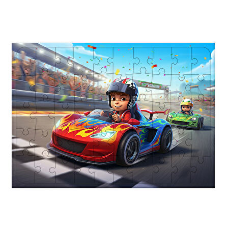 Ahşap Mdf Puzzle Yapboz Kırmızı Araba Yarış Heyecanı 50 Parça 35*50 cm