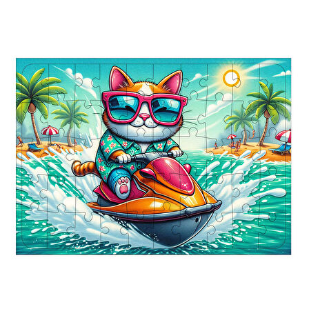 Ahşap Mdf Puzzle Yapboz Kedi Ve Jet Ski Macerası 50 Parça 35*50 cm