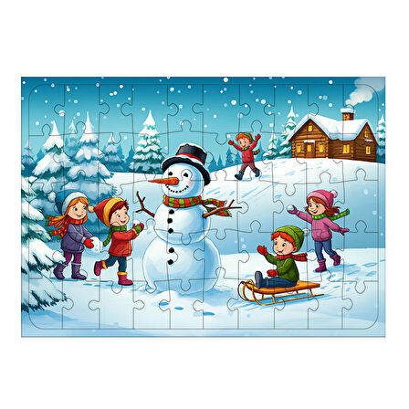 Ahşap Mdf Puzzle Yapboz Kış Eğlencesi Ve Kardan Adamlar 50 Parça 35*50 cm