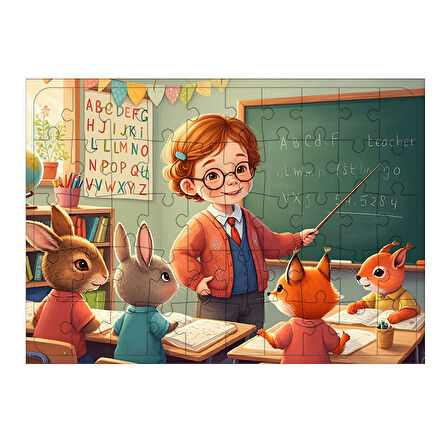 Ahşap Mdf Puzzle Yapboz Öğretmen Ve Meraklı Sınıf 50 Parça 35*50 cm