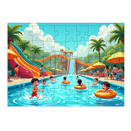 Ahşap Mdf Puzzle Yapboz Su Parkında Eğlenceli Gün 50 Parça 35*50 cm