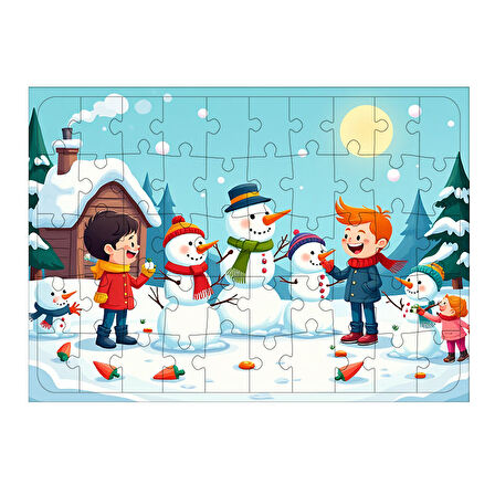 Ahşap Mdf Puzzle Yapboz Kardan Adam Yapan Çocuklar 50 Parça 35*50 cm