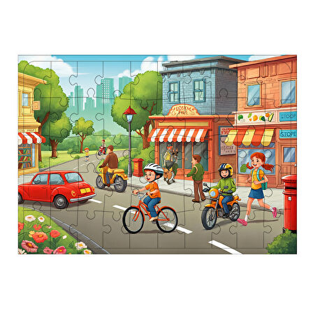 Ahşap Mdf Puzzle Yapboz Şehirde Bisiklet Yarışı 50 Parça 35*50 cm