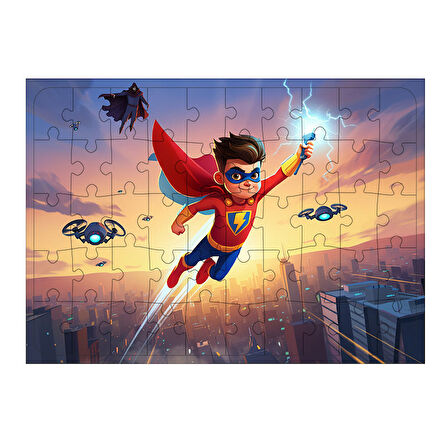 Ahşap Mdf Puzzle Yapboz Uçan Süper Kahraman Çocuk 50 Parça 35*50 cm
