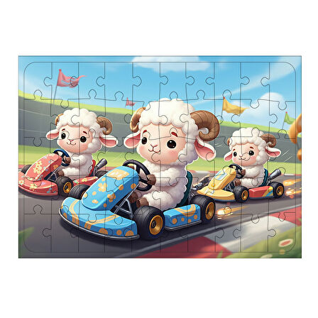 Ahşap Mdf Puzzle Yapboz Yarış Arabasında Sevimli Kuzular 50 Parça 35*50 cm