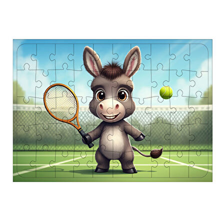 Ahşap Mdf Puzzle Yapboz Tenis Oynayan Neşeli Eşek 50 Parça 35*50 cm