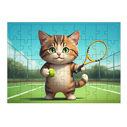 Ahşap Mdf Puzzle Yapboz Tenis Raketli Minik Kedi 50 Parça 35*50 cm