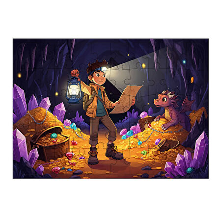 Ahşap Mdf Puzzle Yapboz Mağarada Altın Arayan Çocuk 50 Parça 35*50 cm
