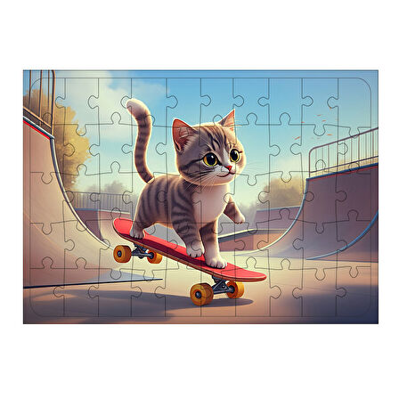 Ahşap Mdf Puzzle Yapboz Kaykay Süren Tatlı Kedi 50 Parça 35*50 cm