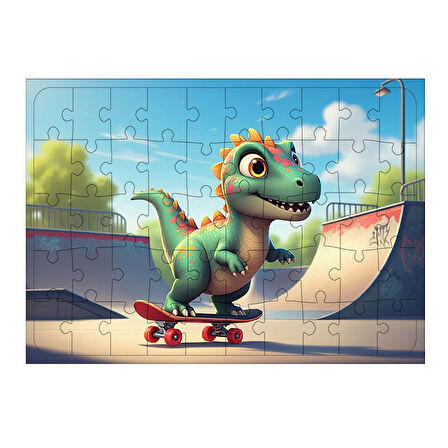 Ahşap Mdf Puzzle Yapboz Kaykay Süren Dinozor 50 Parça 35*50 cm