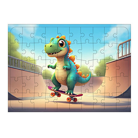 Ahşap Mdf Puzzle Yapboz Kaykay Ve Dinazor 50 Parça 35*50 cm