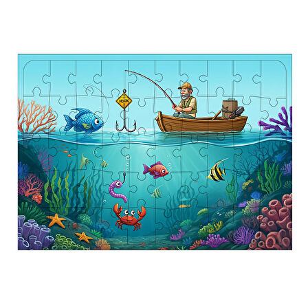 Ahşap Mdf Puzzle Yapboz Denizaltında Balıkçı Macerası 50 Parça 35*50 cm