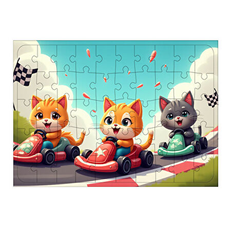Ahşap Mdf Puzzle Yapboz Kedilerle Yarış Arabası Eğlencesi 50 Parça 35*50 cm