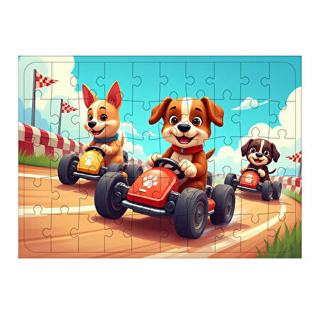 Ahşap Mdf Puzzle Yapboz Yarış Arabasında Sevimli Köpekler 50 Parça 35*50 cm