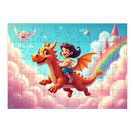 Ahşap Mdf Puzzle Yapboz Ejderha İle Uçan Çocuk 50 Parça 35*50 cm