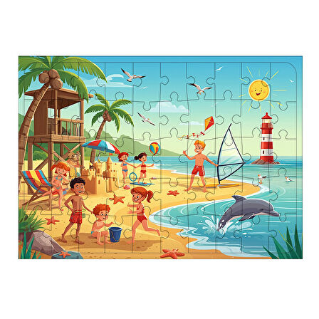 Ahşap Mdf Puzzle Yapboz Plajda Eğlenceli Tatil 50 Parça 35*50 cm