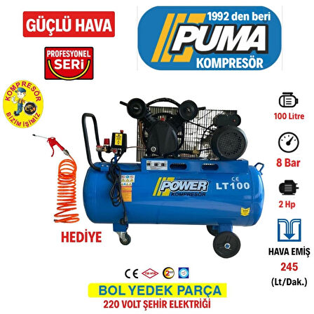 PİSTONLU KOMPRESÖR - 100 Lt - 2 HP - 8 Bar - Hava Üretimi: 200 Lt/dk. - 220 Volt